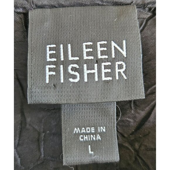 Eileen Fisher SZ L 100% Silk Crinkle Look Blouse Button Front Side Slit Designer - Picture 4 of 7
